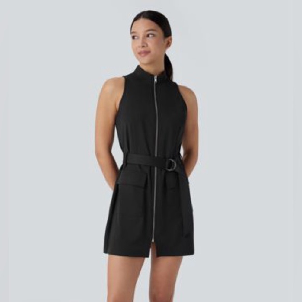 Halara Stand Collar Sleeveless Zipper Belted Dress